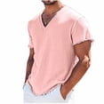 thumbnail image 1 of TEAJOPSUU Men's Linen T-Shirt Solid Color Retro V-Neck Short Sleeve Breathable & Comfortable Casual Fashion Top For Summer Pink, 1 of 6
