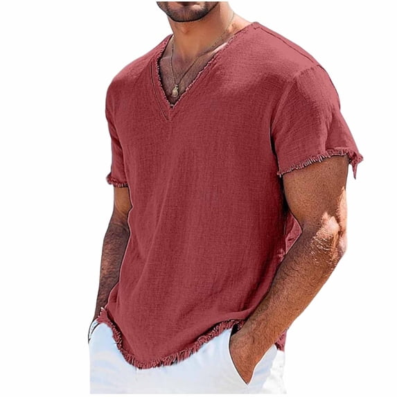 TEAJOPSUU Men's Linen T-Shirt Solid Color Retro V-Neck Short Sleeve Breathable & Comfortable Casual Fashion Top For Summer Red