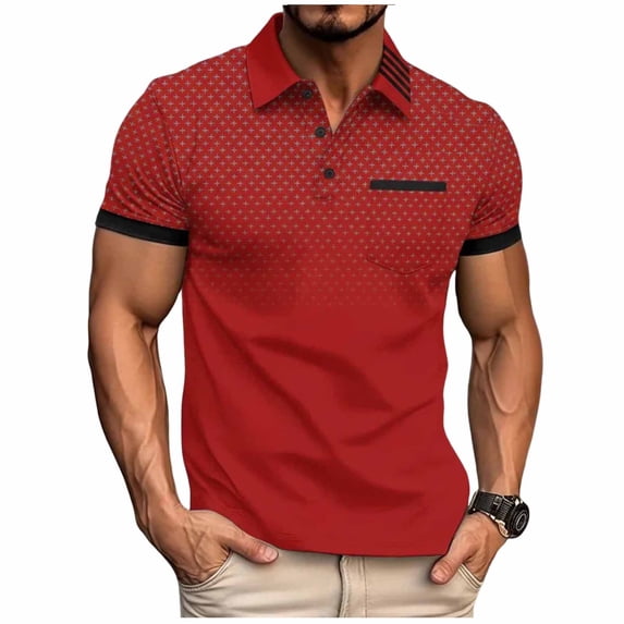 FAWUUDO Men's Print Shirts Half Button Lapel Collar Casual Silm Fit Short Sleeve with Pocket Red