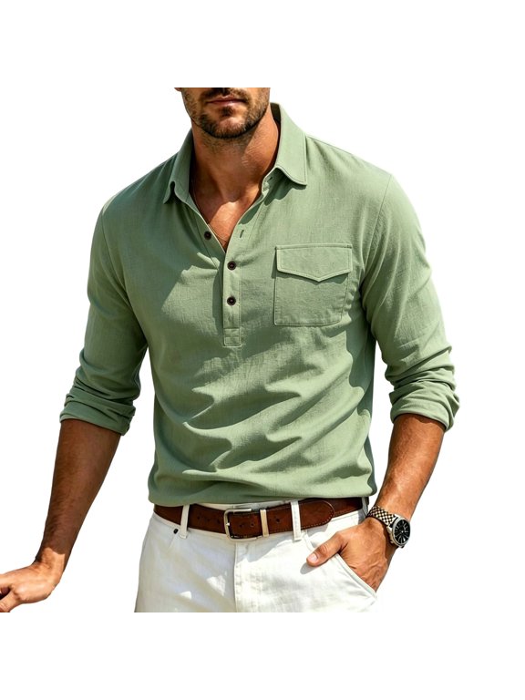 Men's Shirt Button Placket Chest Pocket Long Sleeve Collared Henley Shirt Casual Comfy Linen Shirts Green