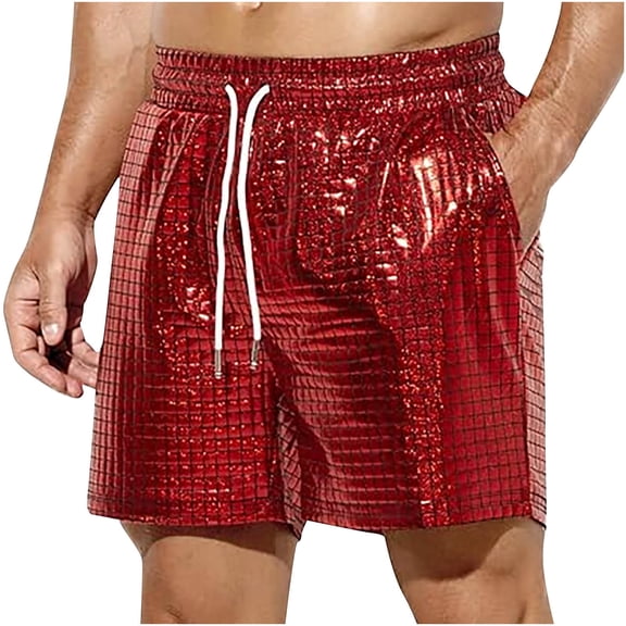 FAWUUDO Men's Shorts Metallic Shiny Sparkly Hot Drawstring Short Pants with Pockets Red