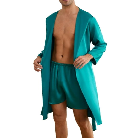 ZQUUVOU Men's Silk Pajamas Set Solid Color Satin Robes and Shorts 2 Piece Sleepwear Loungewear with Pockets Blue
