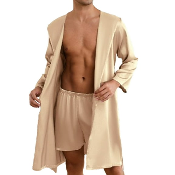 ZQUUVOU Men's Silk Pajamas Set Solid Color Satin Robes and Shorts 2 Piece Sleepwear Loungewear with Pockets Khaki
