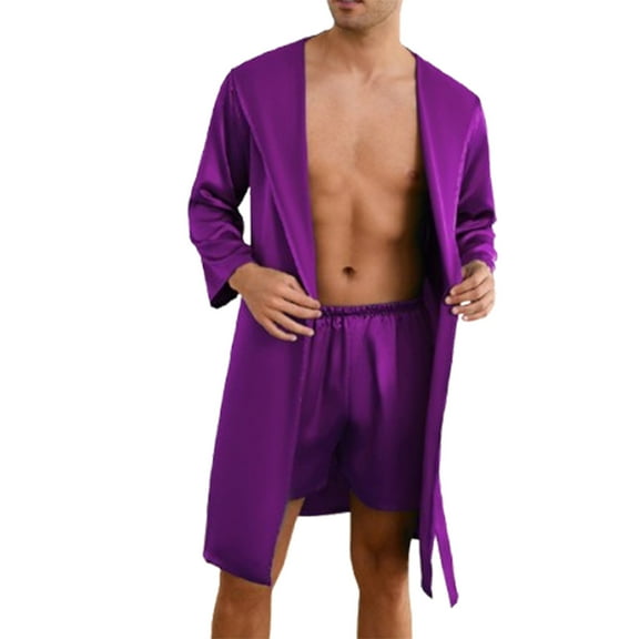 ZQUUVOU Men's Silk Pajamas Set Solid Color Satin Robes and Shorts 2 Piece Sleepwear Loungewear with Pockets Purple