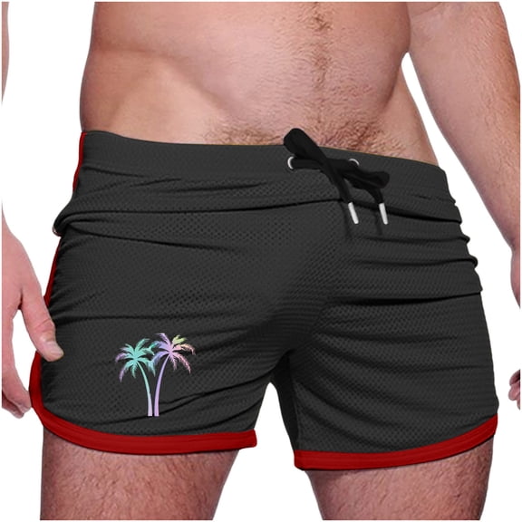 TEAJOPSUU Men's Swim Trunks Plus Size Coconut Print Shorts with Stretch Mesh Fabric Color Block Trim Elastic Drawstring Waist C-Black