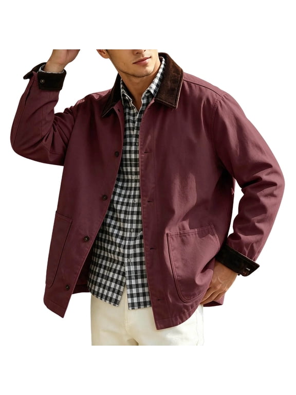 Men's Utility Jacket Twill Button Front Turn Down Collar Long Sleeve with Pockets for Casual Everyday Weekend B-Burgundy
