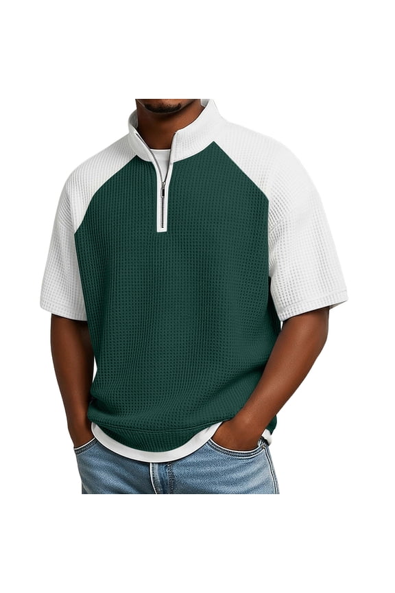 Men's Waffle T-Shirts Half Zip Summer Tops Raglan Short Sleeve Casual Stand Collar Shirt Breathable Color Blocked Pullover Tees S-5XL B-Green