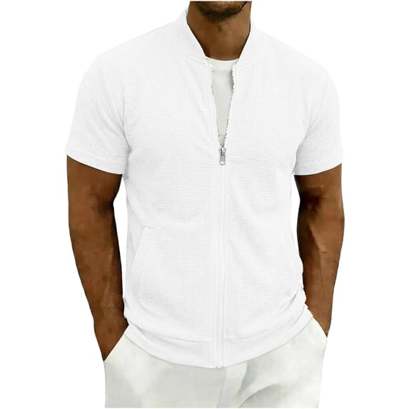 FAWUUDO Men's Waffle Tops Solid Color Zipper Quick Dry Lightweight Breathable Workout Gym Short Sleeve White