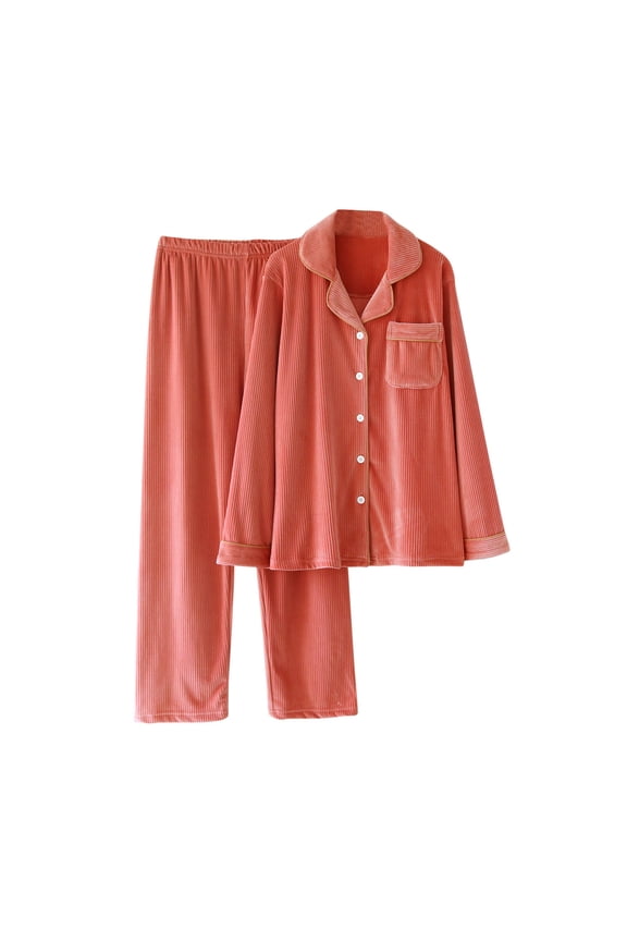 TEAJOPSUU Men's and Women's Pajamas Set Fall Winter Notch Lapel Pajamas Warm Long Sleeved Loungewear with Pocket Two-Piece Sets Watermelon Red