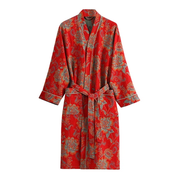 TEAJOPSUU Men's and Women's Robes Lightweight Double Layer Mesh Bathrobes Long Sleeved Couple Absorbent Home Wear Nightgown Red B