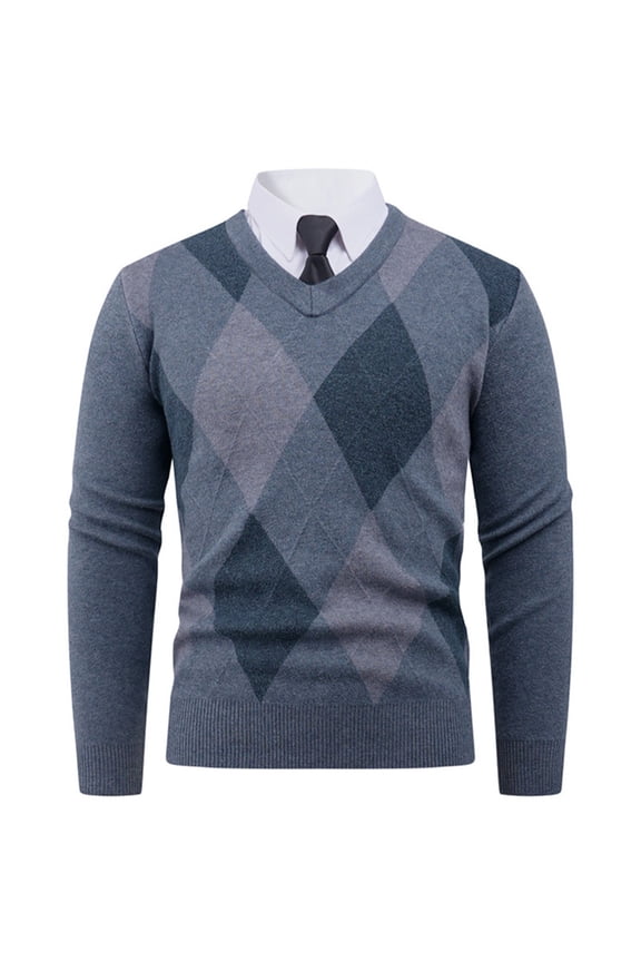 Mens Argyle Sweater Classic V-Neck Knitwear Casual Long Sleeve Winter Slim Fit Lightweight Knitted Sweater A-Gray