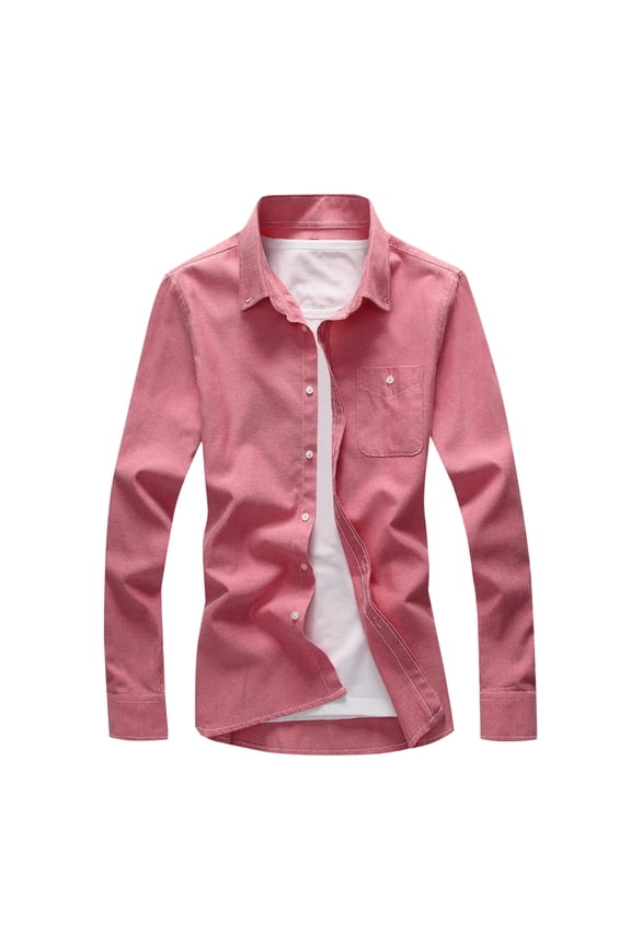 Mens Solid Oxford Shirt Long Sleeve Dress Shirt Regulaer Fit Work Casual Button Down Shirts with Pocket,Pink
