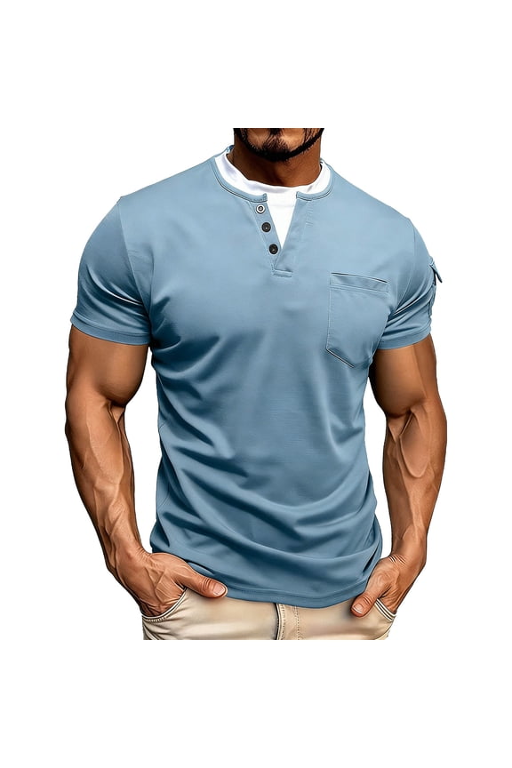 Modern Pullover Shirt for Men Short Sleeve Mock Two Layer Tops Pure Color Round Neck Button Down Pullover Shirt with Pockets Comfortable Urban Wear,Light Blue