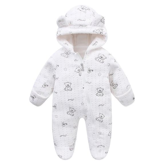 TEAJOPSUU Newborn Baby Jumpsuit Bear Onesie Long Sleeve Snowsuit Zip Up Hooded Romper Cute Winter Thick Warm Clothes D-White
