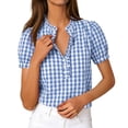thumbnail image 1 of TEAJOPSUU Plaid Tops for Women V Neck Short Sleeve Button Down Placket Shirts Trendy Puff Sleeve Solid Color Blouses Light Blue, 1 of 8