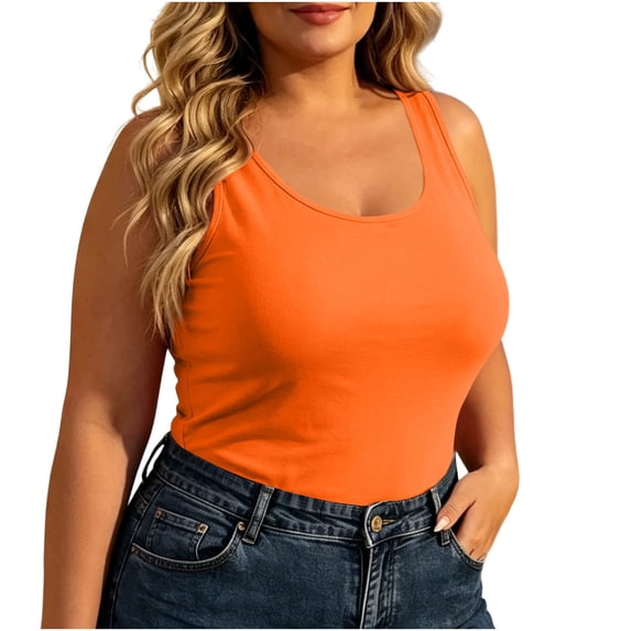 TEAJOPSUU Plus Size Tank Tops for Women Sleeveless Scoop Neck Cami Shirts Slim Fitted Daily Solid Basic Tank Blouses Orange