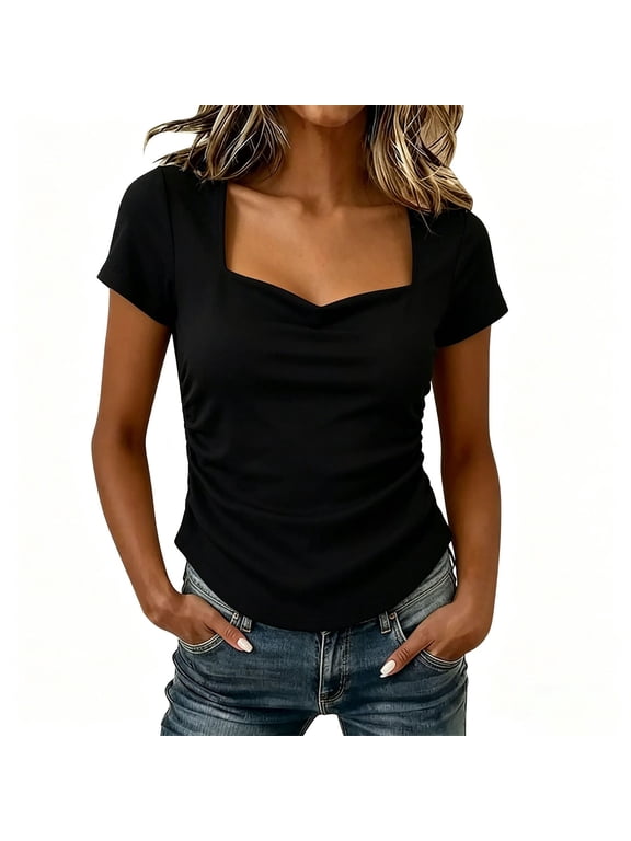 Plus Size Tops for Women Ruched-Sides Form Fitting Short-Sleeve Blouses Solid Color V-Neck Straight Shoulders Summer T-Shirt M-5XL Black
