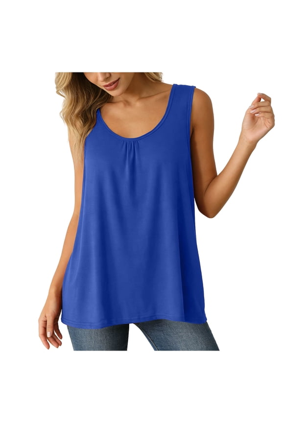 Plus Size Tops for Womens Basic Loose Sleeveless Round Neck Shirts Solid Color Flowy Hem Tunic Blouses Casual Daily Wear XL-6XL Blue