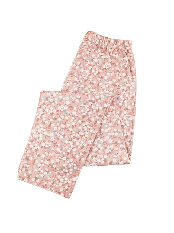 Plus Size Women Pajama Pants Soft Long Sleep Lounge Pants Elastic Waist Floral Printed Sleepwear Bottoms with Pocket XL-5XL C-Red