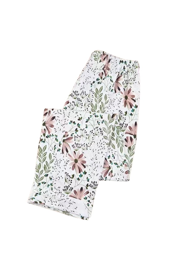 Plus Size Women Pajama Pants Soft Long Sleep Lounge Pants Elastic Waist Floral Printed Sleepwear Bottoms with Pocket XL-5XL J-White