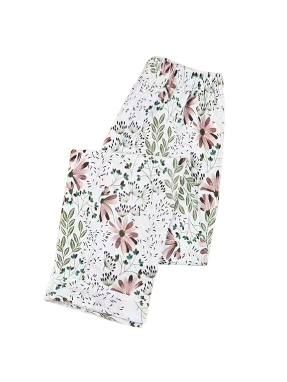 Plus Size Women Pajama Pants Soft Long Sleep Lounge Pants Elastic Waist Floral Printed Sleepwear Bottoms with Pocket XL-5XL J-White