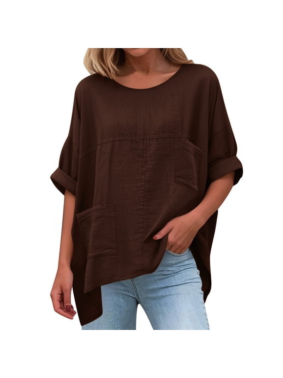 Plus Sizes Cotton Tops for Womens Solid Color Loose Crew Neck with Patch Pockets Rolled Up 3/4 Sleeve Blouse Lightweight Daily S-5XL A-Brown