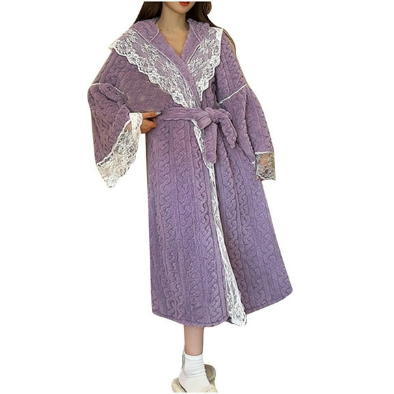 ZQUUVOU Plush Bathrobes for Women Solid Color Lace Flannel Hoodie Winter Loose Warm Thick Long Velvet Bathrobe Purple