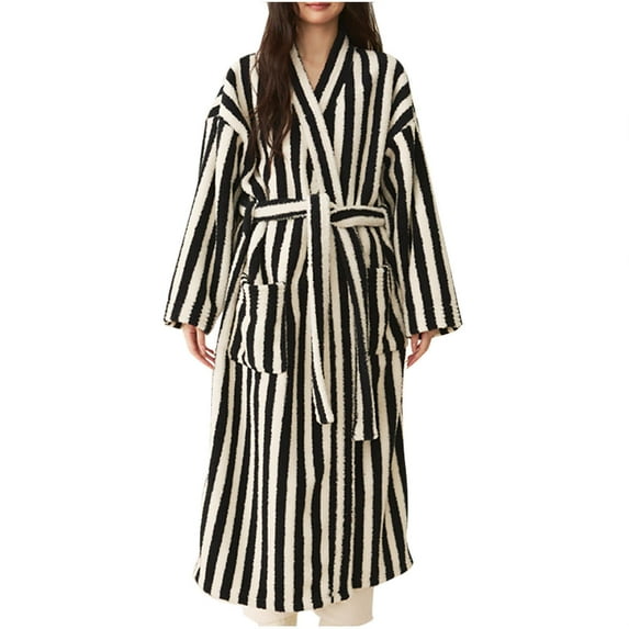 TEAJOPSUU Plush Bathrobes for Women Stripe Lace Up Sleepwear Winter Thickened Robe Fleece Long Loungewear with Pocket Black