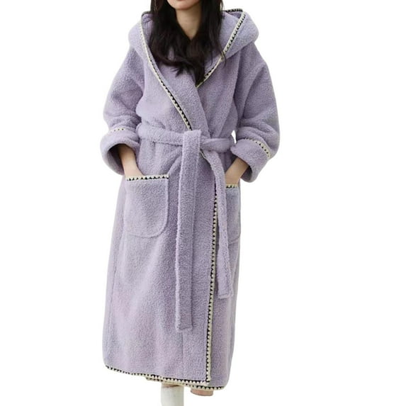 TEAJOPSUU Plush Hooded Bathrobes for Women Casual Solid Color Robes Long Sleeve Loose Fleece Sleepwear with Pocket Nightgowns Purple