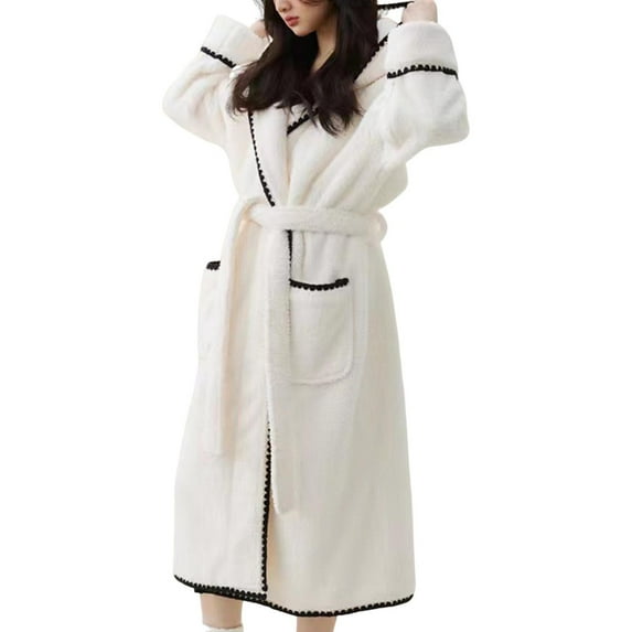TEAJOPSUU Plush Hooded Bathrobes for Women Casual Solid Color Robes Long Sleeve Loose Fleece Sleepwear with Pocket Nightgowns White
