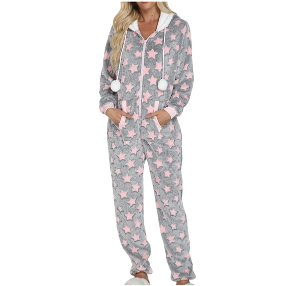 TEAJOPSUU Plush Pajamas Set for Women Fall Winter Star Printed Hooded Sleepwear Long-sleeved Thicken Warm Pajamas Set Gray