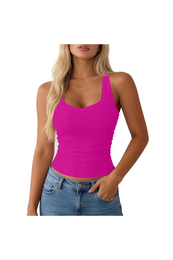 Ribbed Camisole Tops for Womens Halter Neck with Built-in Bra Stretchy Soft Tank Summer Casual Slim Solid Color Top B-Hot Pink