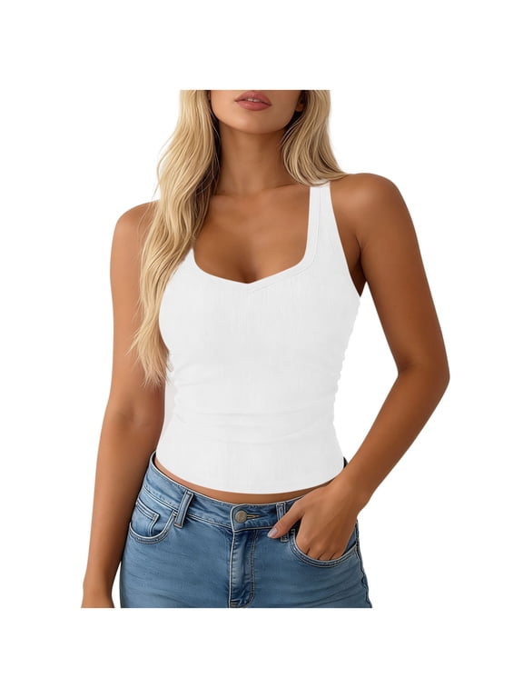 Ribbed Camisole Tops for Womens Halter Neck with Built-in Bra Stretchy Soft Tank Summer Casual Slim Solid Color Top B-White