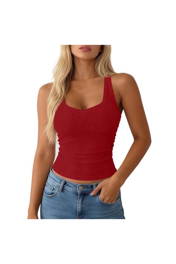 Ribbed Camisole Tops for Womens Halter Neck with Built-in Bra Stretchy Soft Tank Summer Casual Slim Top A-Red
