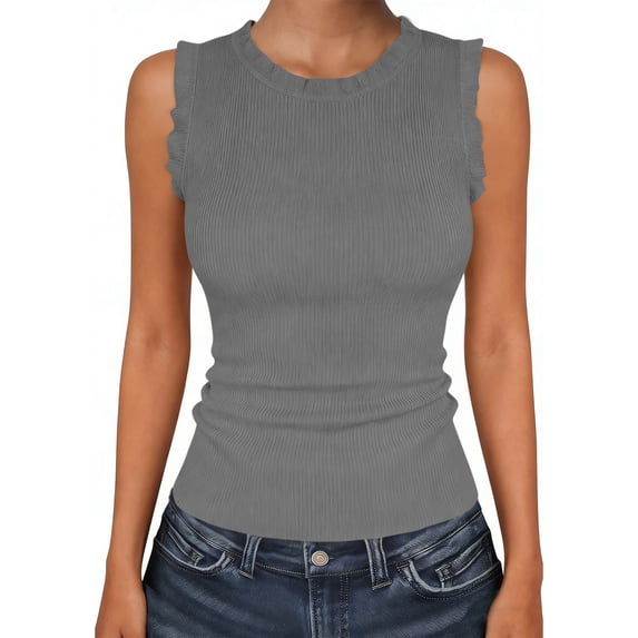 TEAJOPSUU Ribbed Tank Tops for Women Sleeveless Round Neck Tops Slim Fitted Solid Color Blouses Shirts Gray