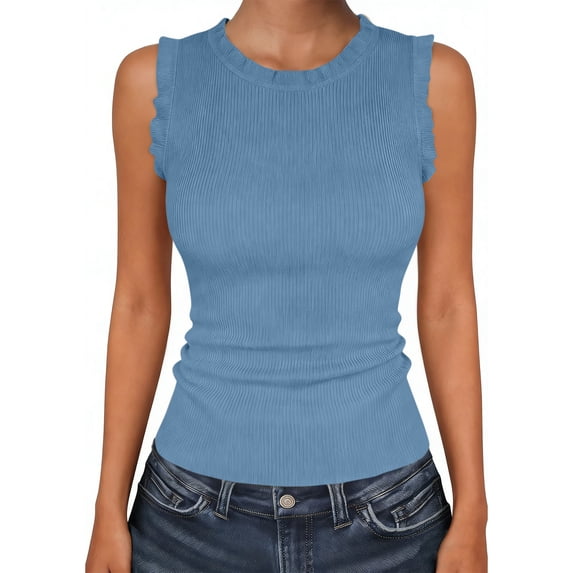 TEAJOPSUU Ribbed Tank Tops for Women Sleeveless Round Neck Tops Slim Fitted Solid Color Blouses Shirts Light Blue