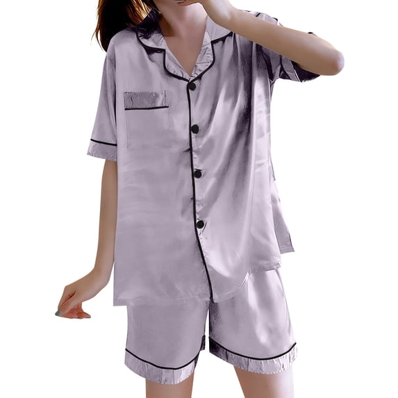 TEAJOPSUU Satin Silk Pajamas for Women Summer Casual Sleepwear Short Sleeve Notch Collar Nightshirt with Shorts Classic Contrast Trim Loungewear Sleepwear Gray