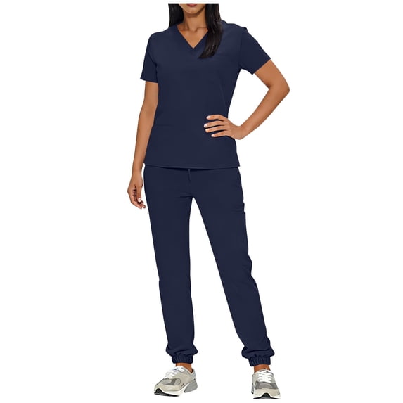 TEAJOPSUU Scrubs Set for Women Medical Uniform Stretch V-Neck 3 Pocket Top & Drawstring Waist Straight Leg Pants with 3 Pockets for Nurse Navy