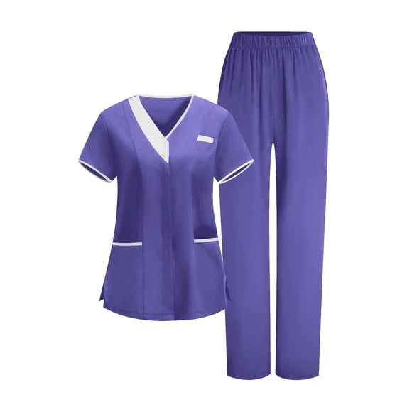 TEAJOPSUU Scrubs for Women Set Color Blocked Stretch Button V-Neck Scrub Top & Elastic Waistband Jogger Pant Quick Dry Nurse Uniforms D-Purple