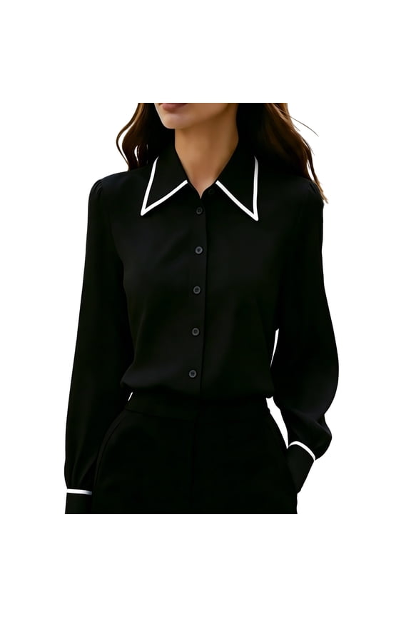 Silky Satin Tops for Women Long Sleeve Button Down Cutaway Collar Shirt Loose Fit Work Blouses for Daily Office Business Causal Black