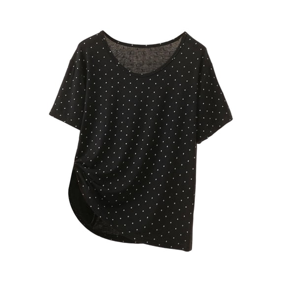 TEAJOPSUU Sleep Shirts for Women Polka Dot Pajama Tops Cotton Blend Round Neck Solid Color Pajamas Top Black