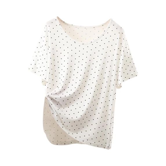 TEAJOPSUU Sleep Shirts for Women Polka Dot Pajama Tops Cotton Blend Round Neck Solid Color Pajamas Top White