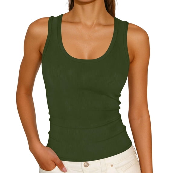 TEAJOPSUU Slim Fit Ribbed Tank Tops for Women Sleeveless Round Neck Shirts Knit Solid Comfy Form Fitting Blouses Olive Green