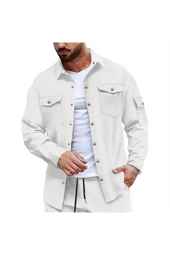 Snap Shirts for Men Long Sleeve Casual Button-Up Lightweight Western Plain Jacket Cozy Cotton Work Shirt Jacket with Flap Pocket B-White
