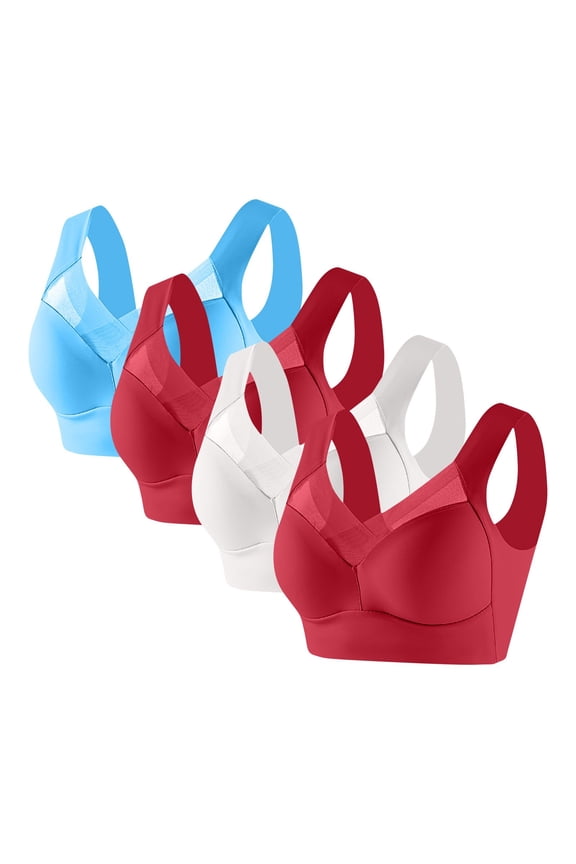 Sports Bras for Women High Support 3/4 Pack Running Bra Supportive Full Coverage Seamless Cross V Neck Bras Workout Push Up Longline Sports Bra L-Red