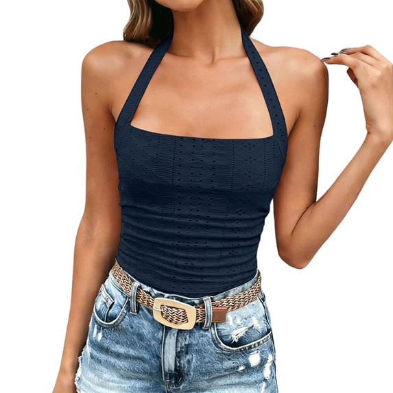 TEAJOPSUU Summer Cami Tops for Women Lightweight Halter Neck Sleeveless Spaghetti Strap Camisole Tops Form Fitting Eyelet Cropped Tank Tops Blouses Navy