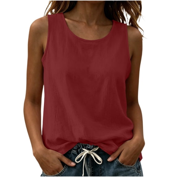 TEAJOPSUU Summer Linen Cotton Tank Tops for Women Loose Sleeveless Round Neck Shirts Casual Daily Going Out Blouses Burgundy