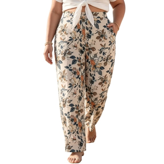 TEAJOPSUU Summer Plus Size Palazzo Pants for Women Baggy Wide Leg High Waisted Pants Floral Printed Stretchy Flowy Trousers with Pockets for Vacation Beach Khaki