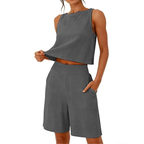TEAJOPSUU Summer Sets for Women Sleeveless Tank Top and Casual Loose Pocket Shorts 2 Piece Sets A-Gray