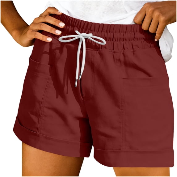 TEAJOPSUU Summer Shorts for Women Drawstring Waist High Waisted Casual Shorts with Double Back Pockets Loose Fit Everyday Summer Wear Burgundy